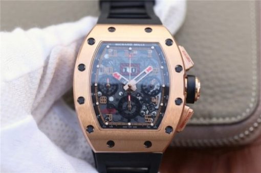Replica Richard Mille RM011 Felipe Massa Chrono RG Skeleton Dial Black Inner Bezel Black Rubber Strap A7750