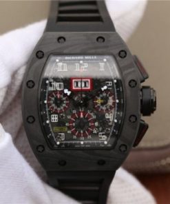 Replica Richard Mille RM011 NTPT Carbon Case Chronograph KVF Crystal Skeleton Dial Red Black Rubber Strap A7750