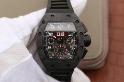 Replica Richard Mille RM011 NTPT Carbon Case Chronograph KVF Crystal Skeleton Dial Red Black Rubber Strap A7750