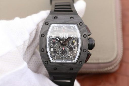 Replica Richard Mille RM011 NTPT Carbon Case Chronograph KVF Skeleton Dial White Inner Bezel Black Rubber Strap A7750