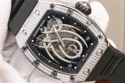 Replica Richard Mille RM 19-01 Tourbillon SS Full Paved Diamonds Case Skeleton Spider Dial Black Rubber Strap 6T51 - Image 3