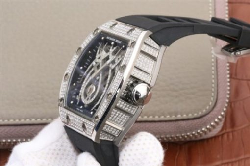 Replica Richard Mille RM 19-01 Tourbillon SS Full Paved Diamonds Case Skeleton Spider Dial Black Rubber Strap 6T51 - Image 4