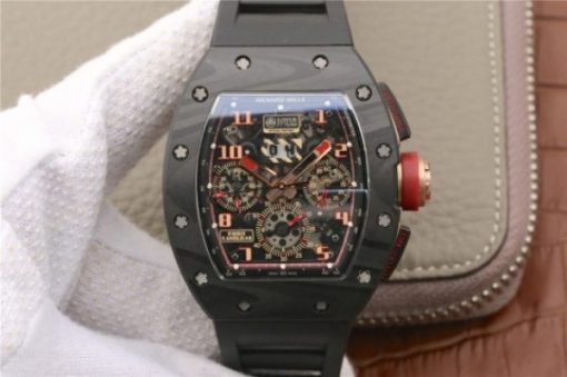 Replica Richard Mille RM011 NTPT Lotus F1 Team PVD Chronograph KVF Crystal Skeleton Dial Red Black Rubber Strap A7750
