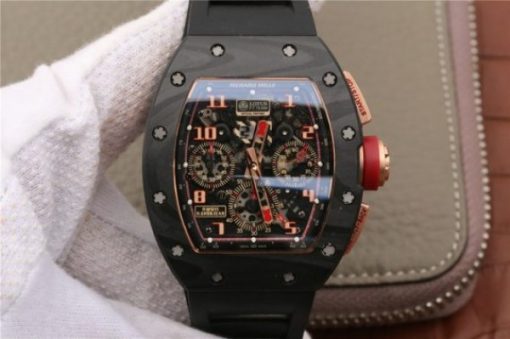 Replica Richard Mille RM011 NTPT Lotus F1 Team RG Chronograph KVF Crystal Skeleton Dial Red Black Rubber Strap A7750