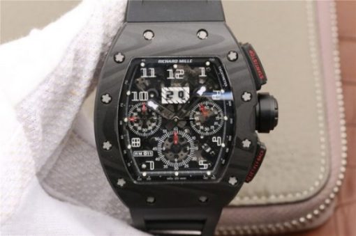Replica Richard Mille RM011 NTPT Carbon Case Chronograph KVF Crystal Skeleton Dial White Black Rubber Strap A7750