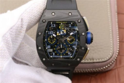 Replica Richard Mille RM011 SS Felipe Massa 10th Anniversary KVF Crystal Skeleton Dial Blue Black Rubber Strap A7750