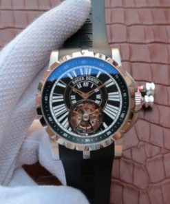 Replica Roger Dubuis  Tourbillion SS Black Dial Roman Numerals Rubber Strap