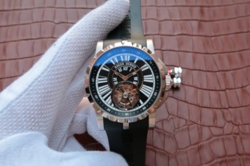 Replica Roger Dubuis  Tourbillion SS Black Dial Roman Numerals Rubber Strap