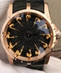 Replica Roger Dubuis Excalibur Knights of the Round Table II RG Black Dial Leather Strap MIYOTA 6T15