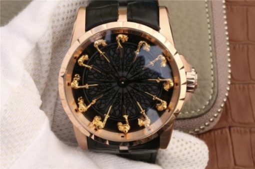 Replica Roger Dubuis Excalibur Knights of the Round Table II RG Black Dial Leather Strap MIYOTA 6T15