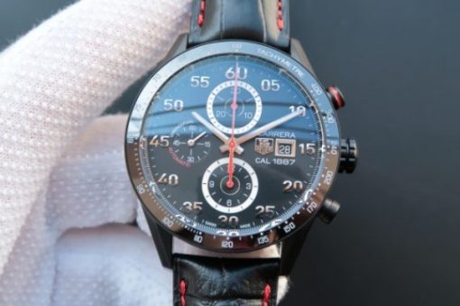 Replica Tag Heuer Carrera Calibre 1887 PVD V6 Ceramic Bezel Black Dial Black Leather Strap CAL1887