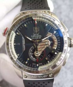 Replica Tag Heuer Grand Carrera Calibre 36 SS 43mm Black Dial Black Rubber Strap A7750