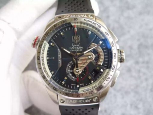 Replica Tag Heuer Grand Carrera Calibre 36 SS 43mm Black Dial Black Rubber Strap A7750