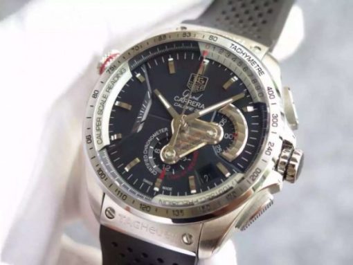 Replica Tag Heuer Grand Carrera Calibre 36 SS 43mm Black Dial Black Rubber Strap A7750 - Image 2