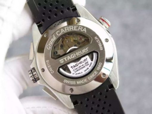 Replica Tag Heuer Grand Carrera Calibre 36 SS 43mm Black Dial Black Rubber Strap A7750 - Image 5
