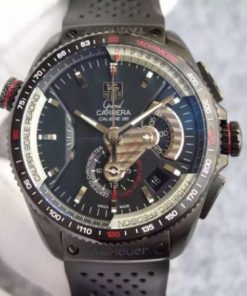 Replica Tag Heuer Grand Carrera Calibre 36 PVD 43mm Black Dial Black Rubber Strap A7750