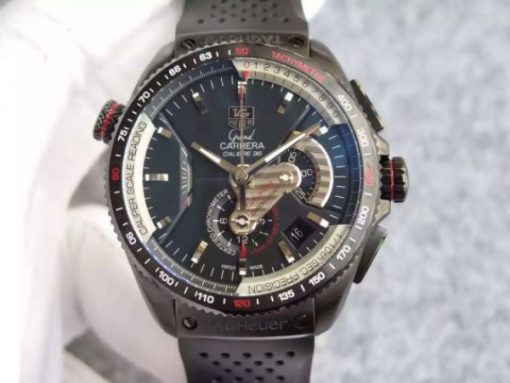 Replica Tag Heuer Grand Carrera Calibre 36 PVD 43mm Black Dial Black Rubber Strap A7750