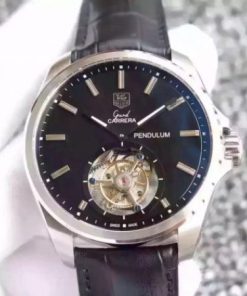 Replica Tag Heuer Pendulum  Tourbillon Black Dial Black Leather Strap