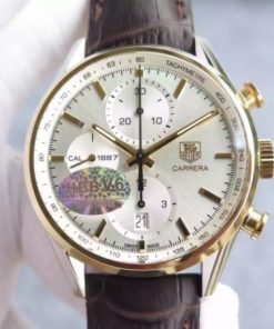 Replica Tag Heuer Carrera CAL1887 Chronograph YG V6 White Dial YG Markers Leather Strap