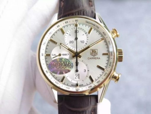 Replica Tag Heuer Carrera CAL1887 Chronograph YG V6 White Dial YG Markers Leather Strap