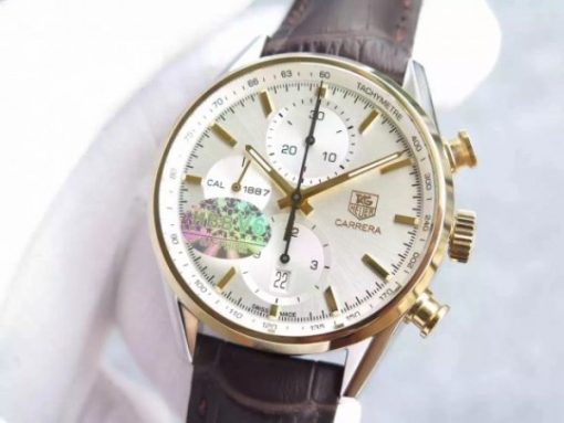 Replica Tag Heuer Carrera CAL1887 Chronograph YG V6 White Dial YG Markers Leather Strap - Image 2