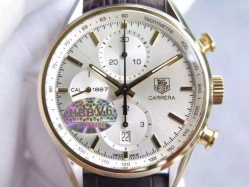 Replica Tag Heuer Carrera CAL1887 Chronograph YG V6 White Dial YG Markers Leather Strap - Image 3