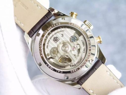 Replica Tag Heuer Carrera CAL1887 Chronograph YG V6 White Dial YG Markers Leather Strap - Image 6