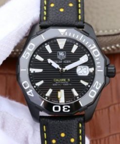 Replica Tag Heuer Aquaracer Calibre 5 ALL Black PVD Textured Dial Ceramic Bezel Leather Strap A2824