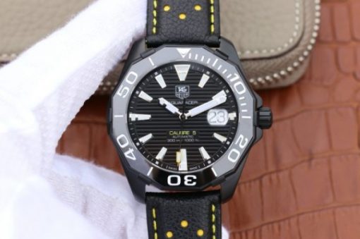 Replica Tag Heuer Aquaracer Calibre 5 ALL Black PVD Textured Dial Ceramic Bezel Leather Strap A2824