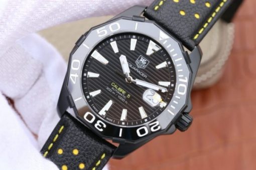 Replica Tag Heuer Aquaracer Calibre 5 ALL Black PVD Textured Dial Ceramic Bezel Leather Strap A2824 - Image 2