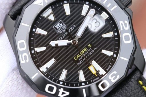 Replica Tag Heuer Aquaracer Calibre 5 ALL Black PVD Textured Dial Ceramic Bezel Leather Strap A2824 - Image 3