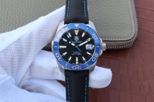 Replica Tag Heuer Aquaracer Calibre 5 SS Blue Ceramic Bezel V6 Black Dial Black Nylon Strap A2824