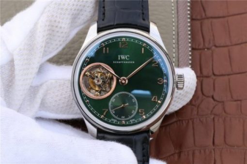 Replica IWC Portuguese Tourbillon IW5463 SS YLF Green Dial RG Markers Black Leather Strap A98900