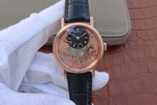 Replica Breguet Tradition 7057BR/R9/9W6 RG SF Rose Gold Skeleton Dial Black Leather Strap A507
