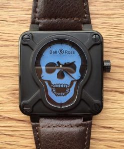 Replica Bell & Ross BR 01 Skull PVD Blue Dial Brown Leather Strap MIYOTA 9015