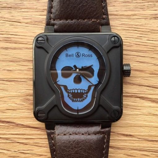Replica Bell & Ross BR 01 Skull PVD Blue Dial Brown Leather Strap MIYOTA 9015