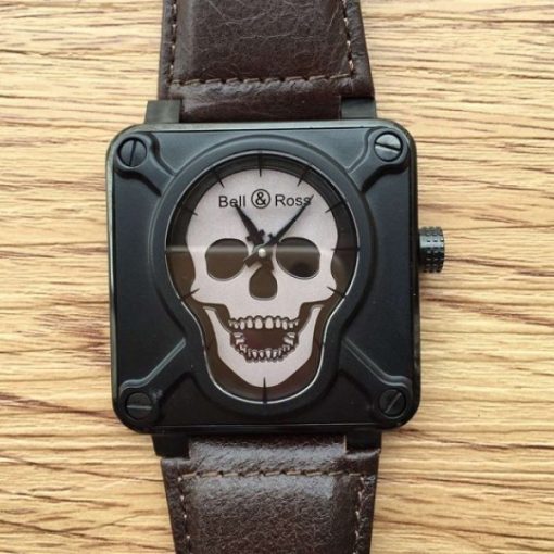 Replica Bell & Ross BR 01 Skull PVD Gray Dial Brown Leather Strap MIYOTA 9015