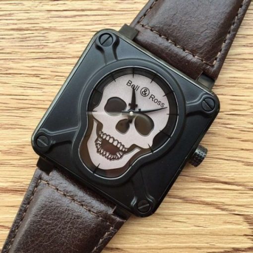 Replica Bell & Ross BR 01 Skull PVD Gray Dial Brown Leather Strap MIYOTA 9015 - Image 2