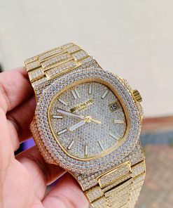 Replica PATEK PHILIPPE ICED Nautilus Jumbo 5711 YG TWF Full Paved Diamonds Dial Case and Bracelet A324