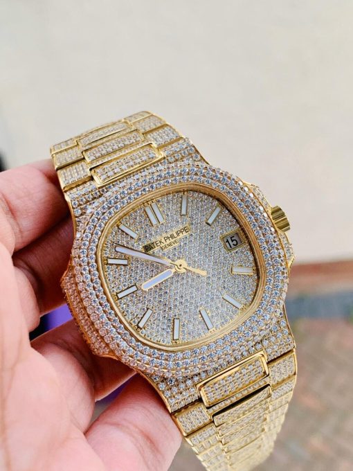 Replica PATEK PHILIPPE ICED Nautilus Jumbo 5711 YG TWF Full Paved Diamonds Dial Case and Bracelet A324