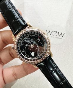 Replica PATEK PHILIPPE 6104P Moon RG Black Dial Diamond Bezel on Black Leather Strap A240 V2