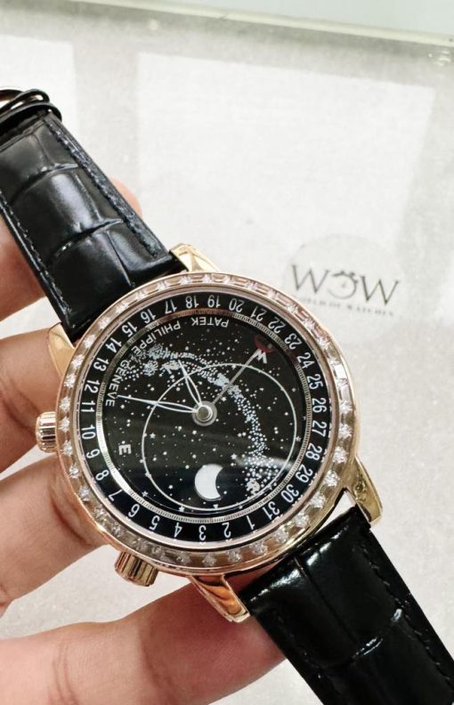 Replica PATEK PHILIPPE 6104P Moon RG Black Dial Diamond Bezel on Black Leather Strap A240 V2 - Image 3