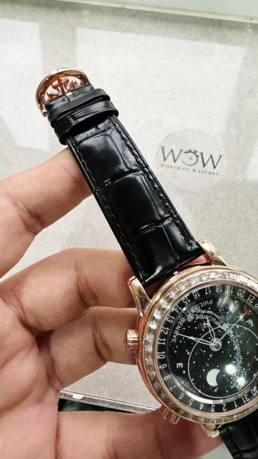 Replica PATEK PHILIPPE 6104P Moon RG Black Dial Diamond Bezel on Black Leather Strap A240 V2 - Image 5