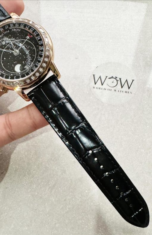 Replica PATEK PHILIPPE 6104P Moon RG Black Dial Diamond Bezel on Black Leather Strap A240 V2 - Image 7