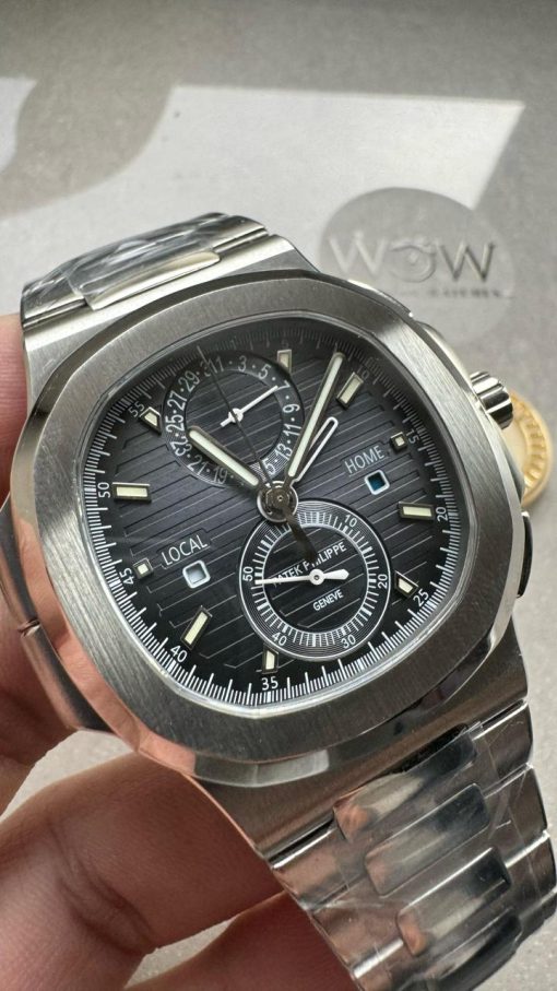 Replica PATEK PHILIPPE PPF Nautilus Chronograph Travel 5990 SS Grey Dial Stick on SS Bracelet A28-520 - Image 4