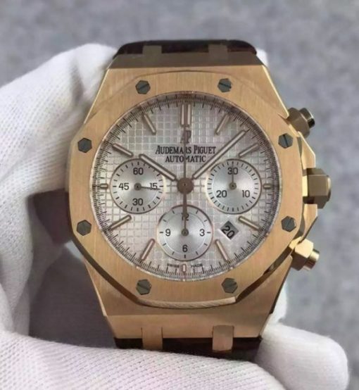 Replica Audemars Piguet Royal Oak Chronograph SS White Dial Leather Strap A7750