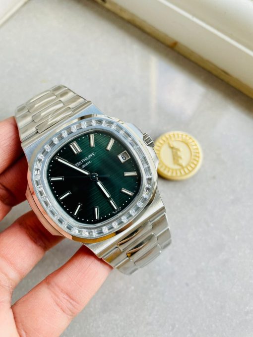 Replica PATEK PHILIPPE Nautilus 5711/1A PPF 1:1 Best Edition Green Textured Dial T Diamonds Bezel on SS Bracelet 324CS V4