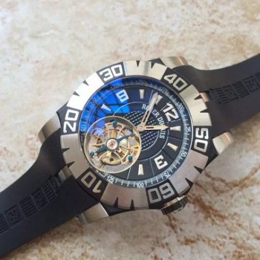 Replica Roger Dubuis Tourbillion SS Black Dial Black Rubber Strap - Image 2